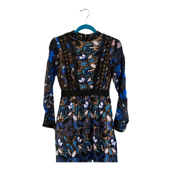 Self Portrait Maxine Floral Lace Mini Dress Long Sleeve Blue Black Aiden Size M - Picture 7 of 16